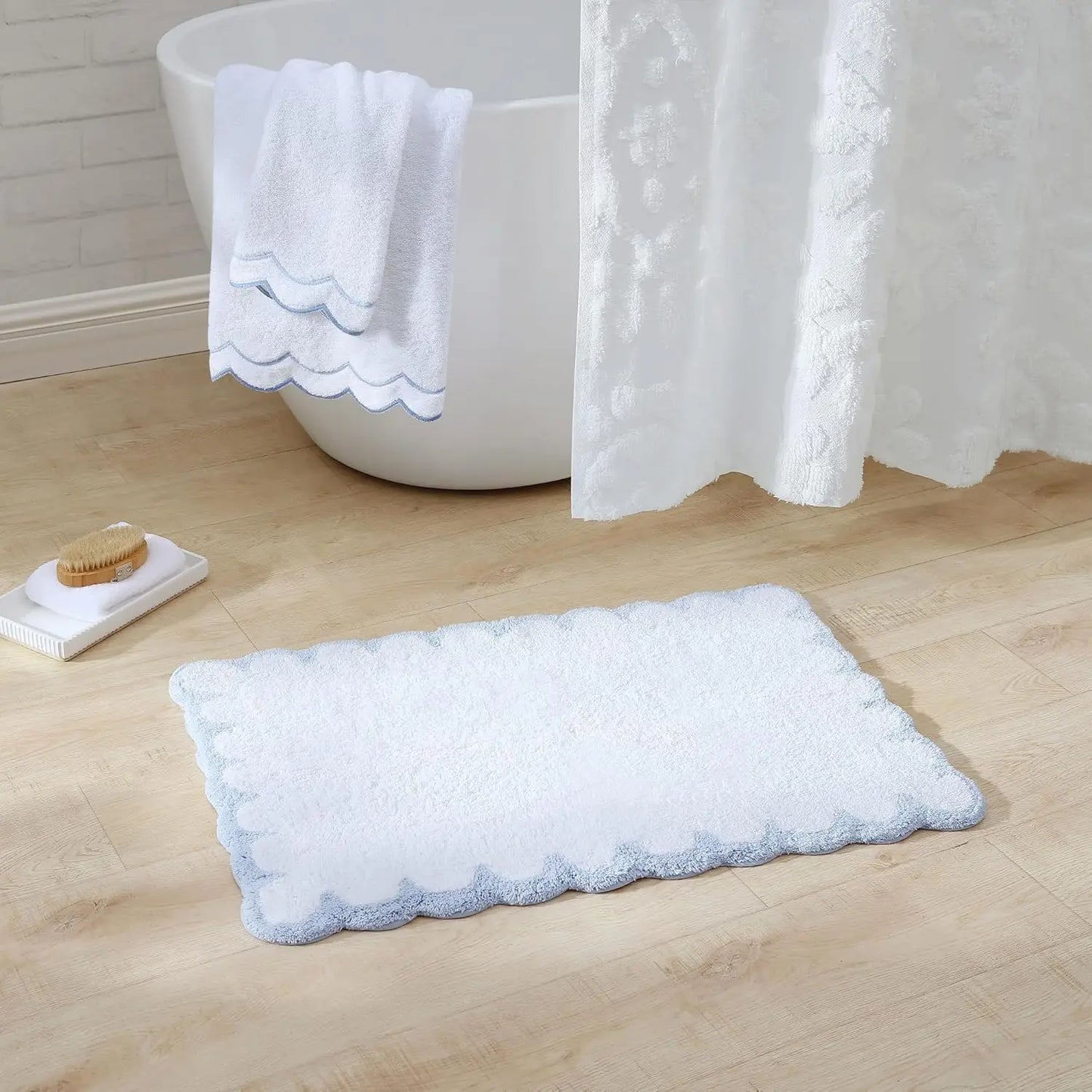 100% Cotton Embroidered Hand Towel, Soft & Absorbent, 500 GSM, White with Blue Scallop, 16x27 Inches