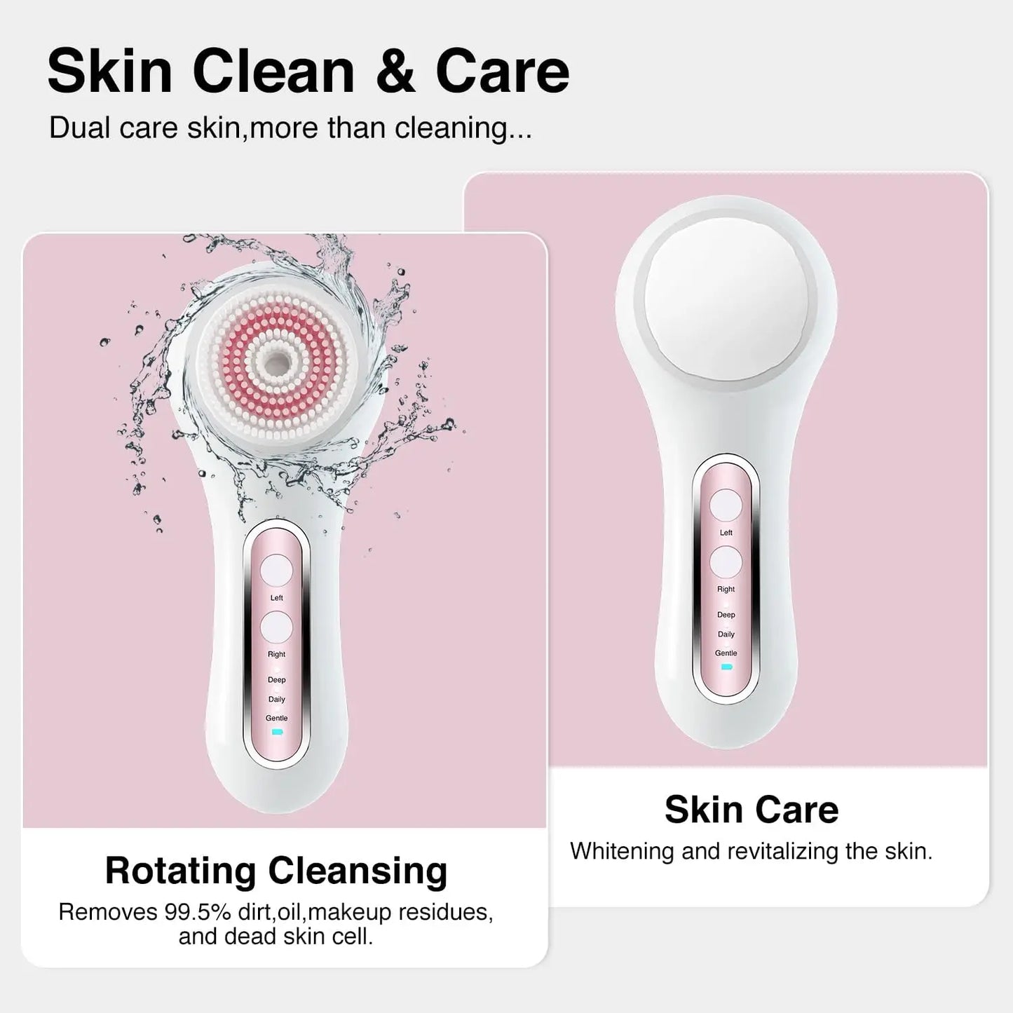 Rechargeable Facial Cleansing Brush with 2-Way Rotation, 3 Modes, 30-Day Runtime, IPX7 Waterproof for All Skin Types