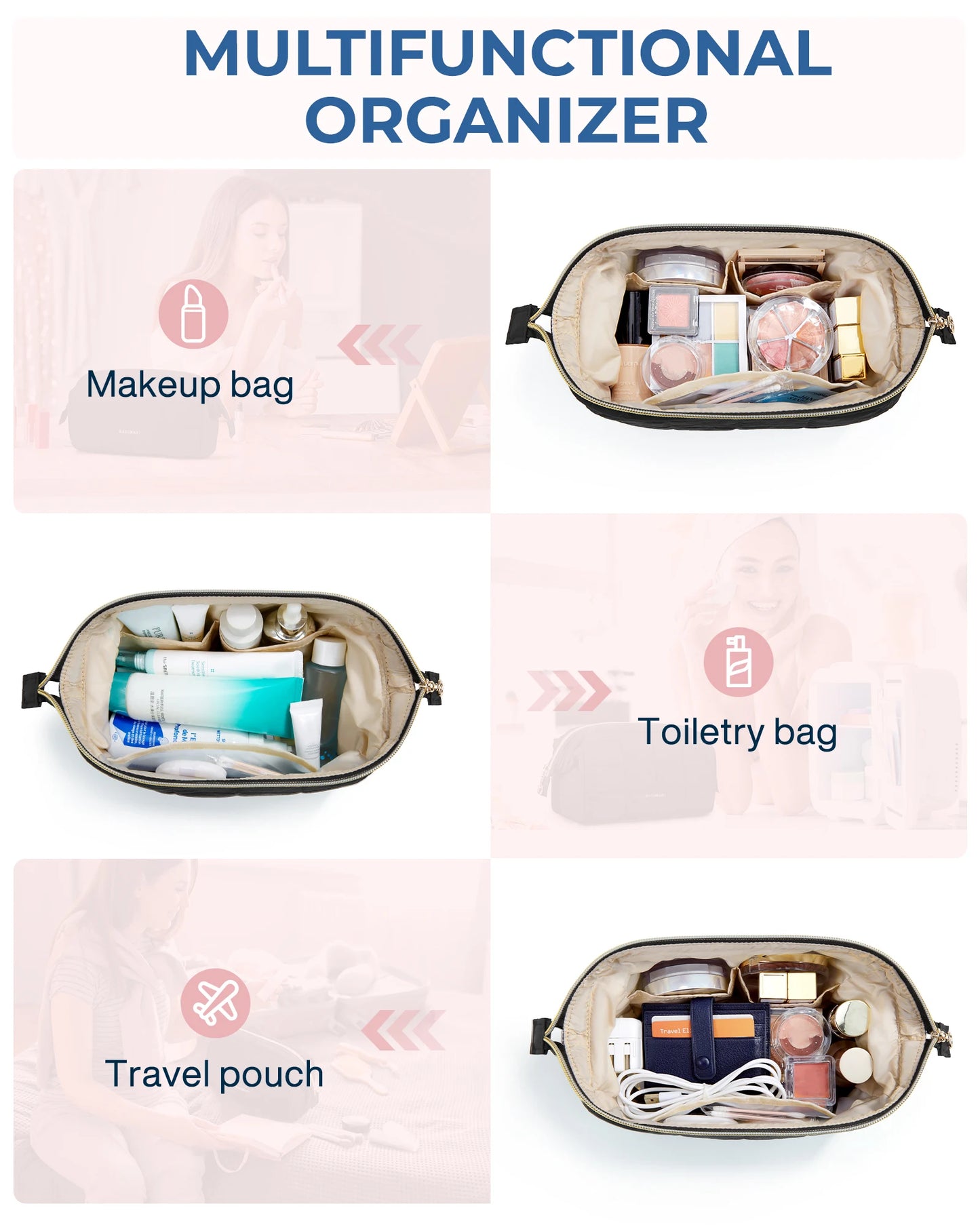BAGSMART Makeup Bag Travel Toiletry Bag, Puffy Padded Makeup Bags for Women Makeup Organizer Case Wide-open Pouch Purse Travel