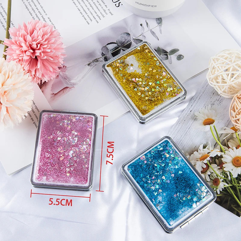 Mini Pocket Makeup Mirror Creative Cosmetic Compact Mirrors with Flowing Sand Foldable Student Compact Cute Pocket Mirror ﻿