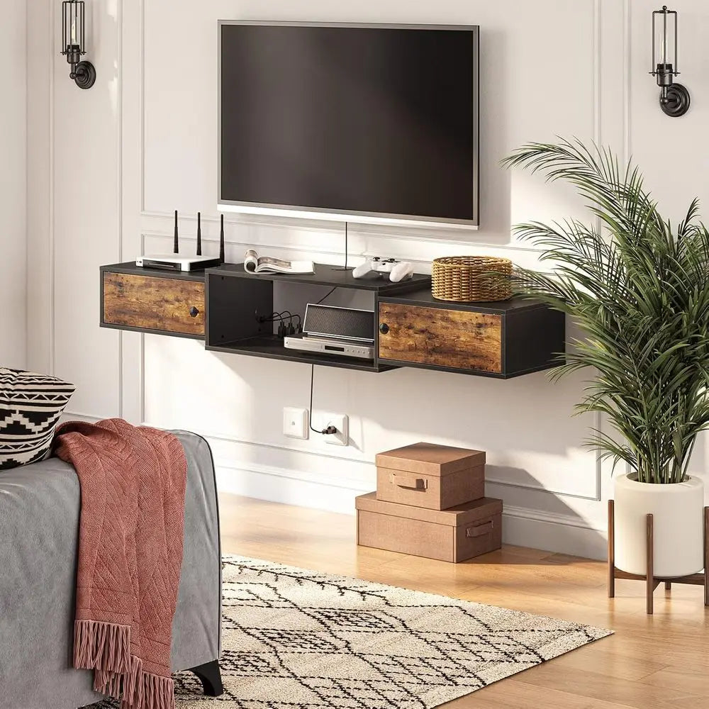 55 Floating TV Stand with Power Outlet, Wall Mount Media Shelf, Storage for Living Room or Bedroom, Rustic Brown and Black Enter