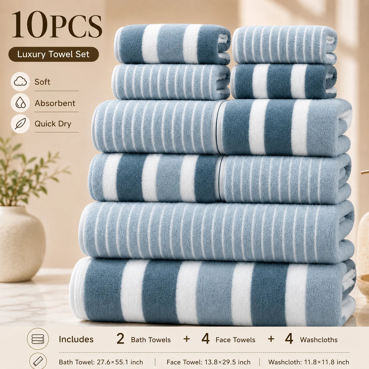 10-Piece Ultra Absorbent Towel Set, Lint-Free & Super Soft Two-Tone Striped Bath Towel Collection, Premium Microfiber Bathroom Towel Set Includes 2 Bath Towels, 4 Face Towels & 4 Hand Towels, Suitable for Bathroom, Spa & Hote