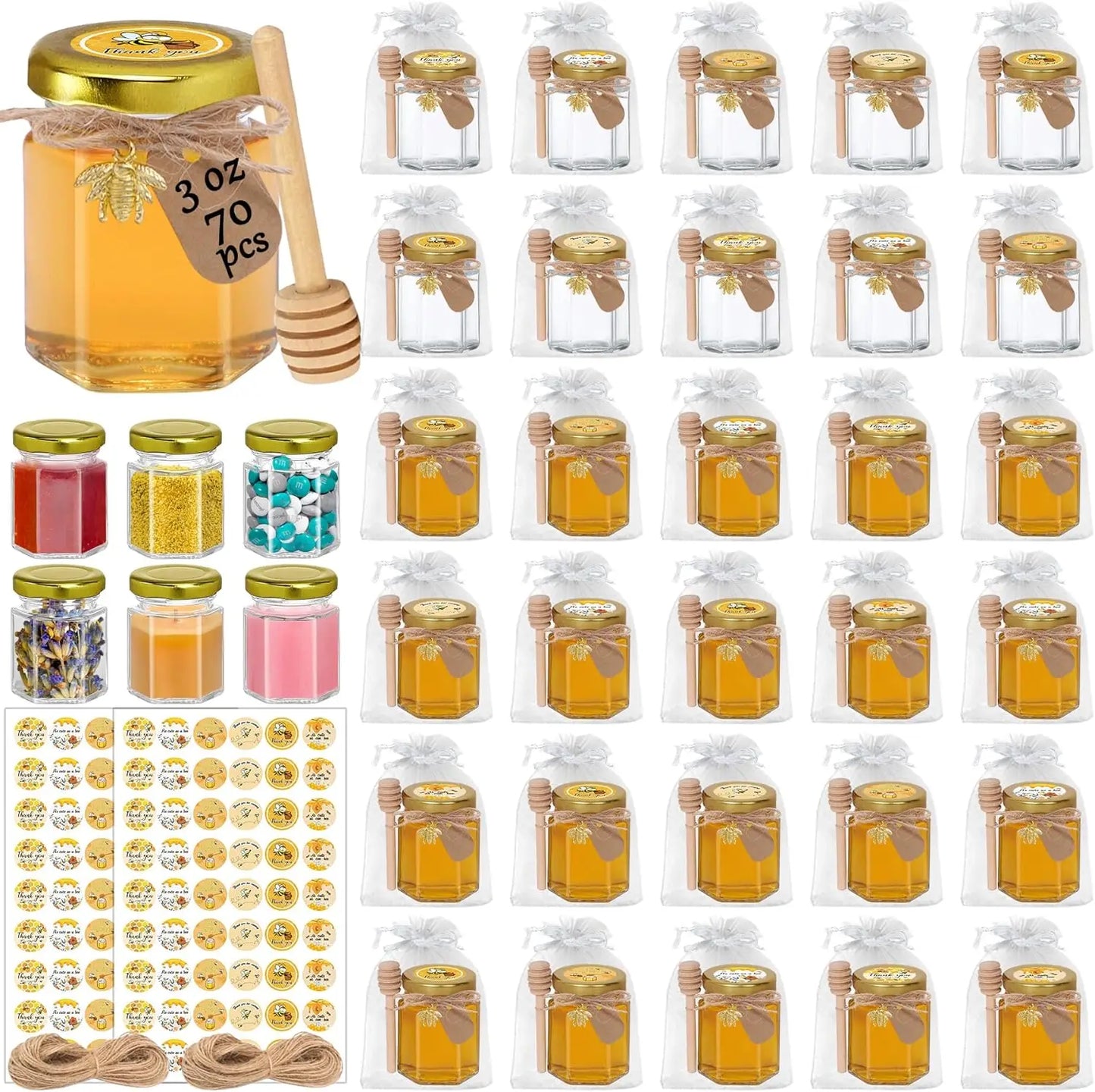 70 Pack 3 oz Hexagon Glass Honey Jars with Dippers, Lids, Stickers, Charms, Bags for Party Favors