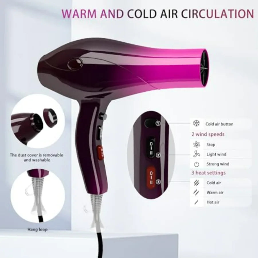 Ionic hair dryer for professional use, 2400W with negative ion technology, crimson fade color, low noise and fast drying