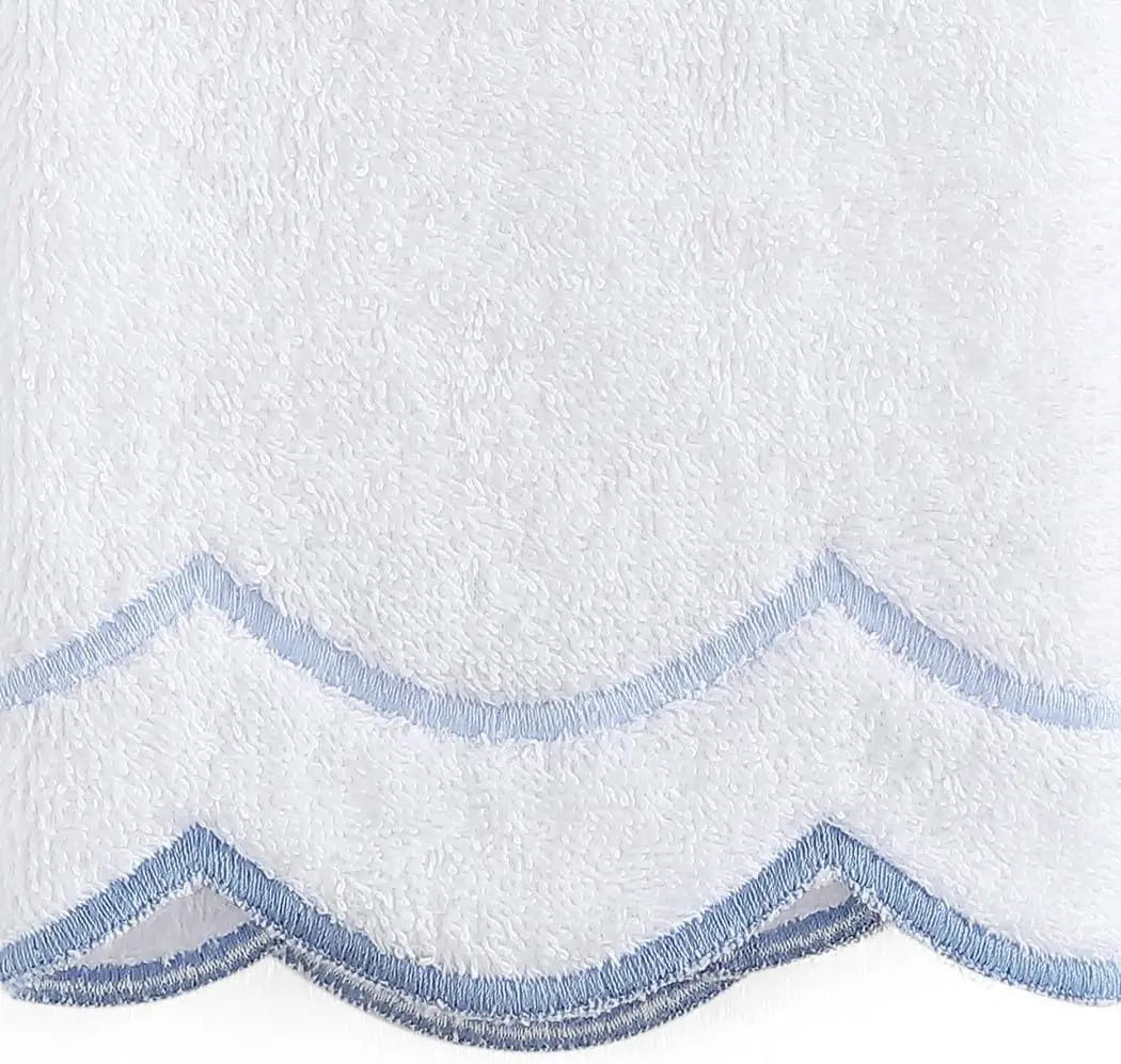 100% Cotton Embroidered Hand Towel, Soft & Absorbent, 500 GSM, White with Blue Scallop, 16x27 Inches