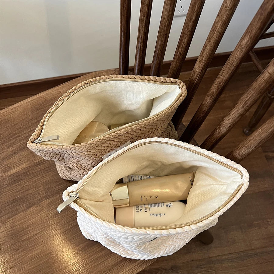 Rice Grain Pattern Woven Fabric Handbag, Women'S Travel Cosmetic Storage Organizer, Makeup Pouch, Toiletry Bag