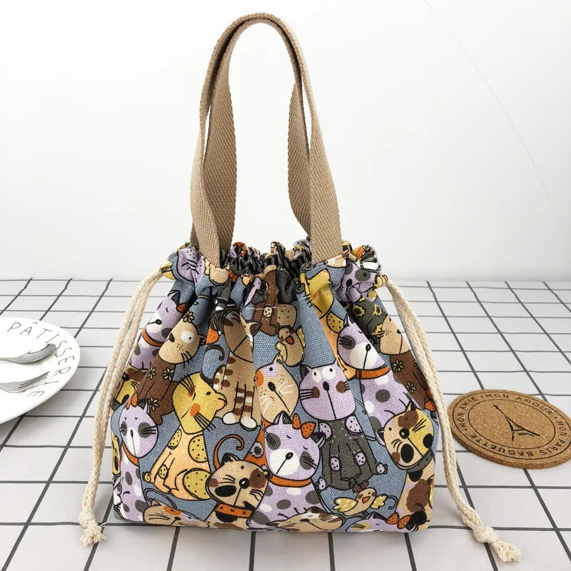 Cute Bento Bag Tote Canvas Lunch Bags Cartoon Anime Drawstring Bag Foldable Holds Two Lunch Boxes