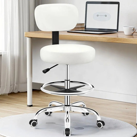 Chair with Backrest Adjustable Foot Rest Rolling Stool with Wheels, PU Leather Swivel Stool for Office Spa Studio Lab Counter S