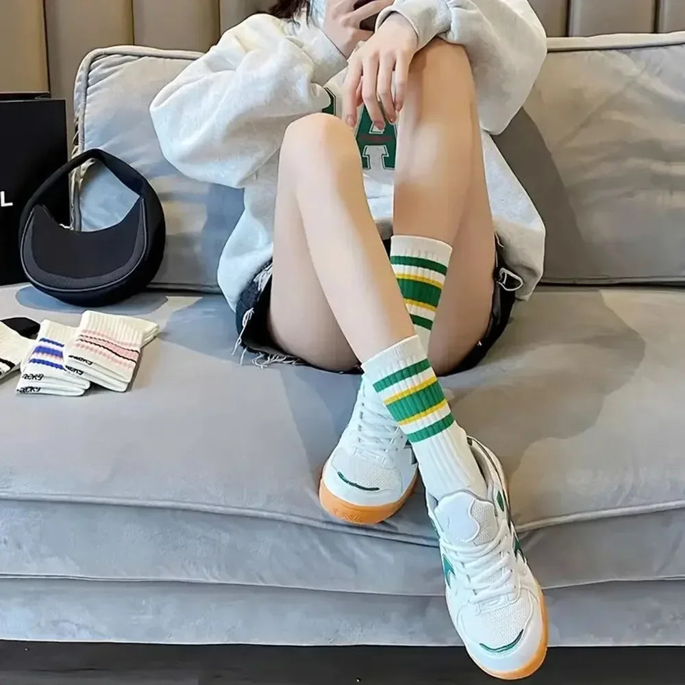 1/5/6/10/20 Pairs Women Mid Tube Socks Fashion Breathable Sports Sock  Parallel Bar Pattern Sweat Wicking Non Pilling Girl Sock