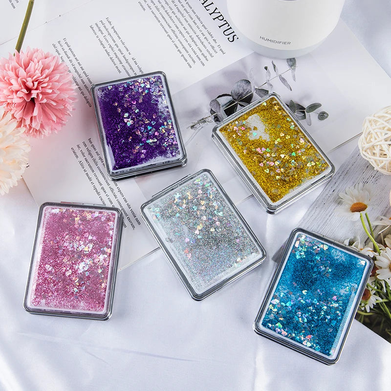 Mini Pocket Makeup Mirror Creative Cosmetic Compact Mirrors with Flowing Sand Foldable Student Compact Cute Pocket Mirror ﻿