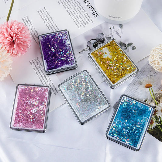 Mini Pocket Makeup Mirror Creative Cosmetic Compact Mirrors with Flowing Sand Foldable Student Compact Cute Pocket Mirror ﻿