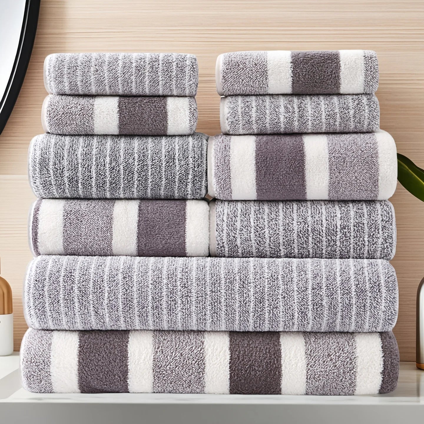 10-Piece Ultra Absorbent Towel Set, Lint-Free & Super Soft Two-Tone Striped Bath Towel Collection, Premium Microfiber Bathroom Towel Set Includes 2 Bath Towels, 4 Face Towels & 4 Hand Towels, Suitable for Bathroom, Spa & Hote