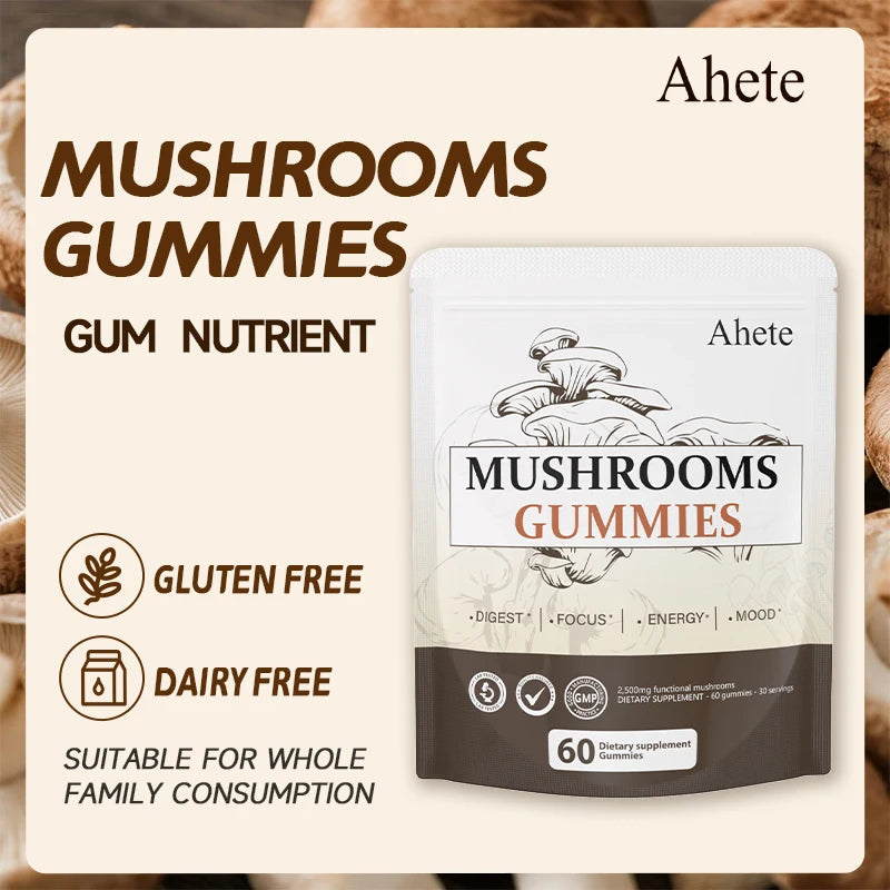 Ahete Mushroom Gummies - Contains Seven Mushrooms Including Turkey Tail, Reishi, And Ashwagandha. Supports Digestion.