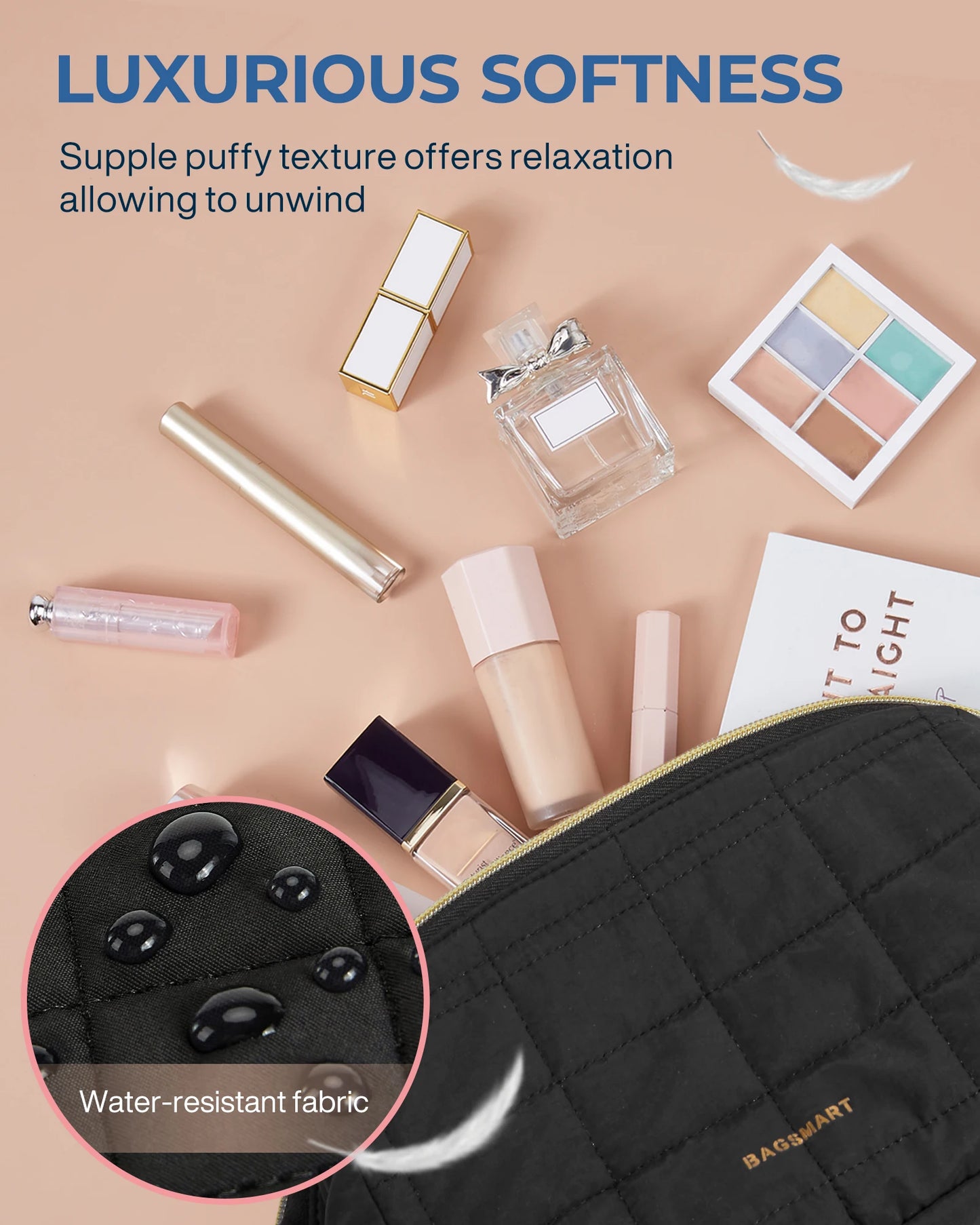 BAGSMART Makeup Bag Travel Toiletry Bag, Puffy Padded Makeup Bags for Women Makeup Organizer Case Wide-open Pouch Purse Travel
