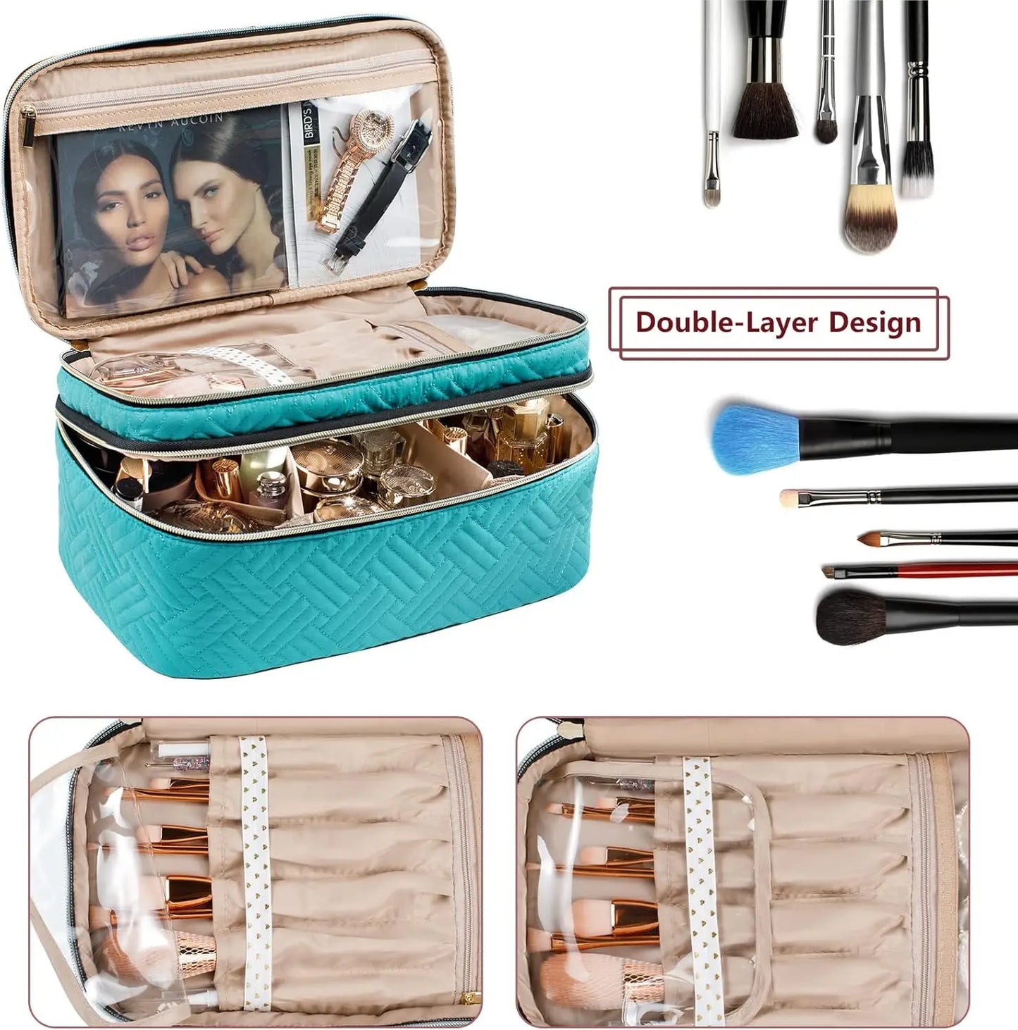 Large Travel Makeup Bag Organizer, Double Layer Train Case for Brushes, Bottles, Palettes, Sponge - Cosmetic Storage