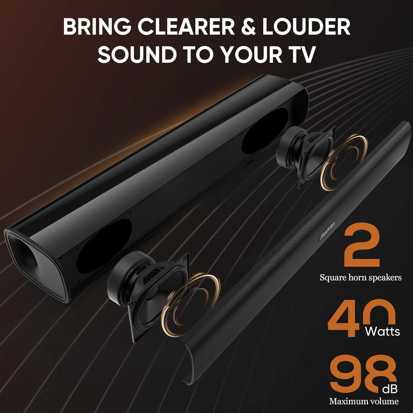 Saiyin Sound Bars for Tv, 40 Watt Small Tv Sound Bars, Surround Sound System Tv Sound Bors, with Bluetooth/Fiber Optic/Aux Connection, Suitable for Pc/Game/ Projector, 17inch