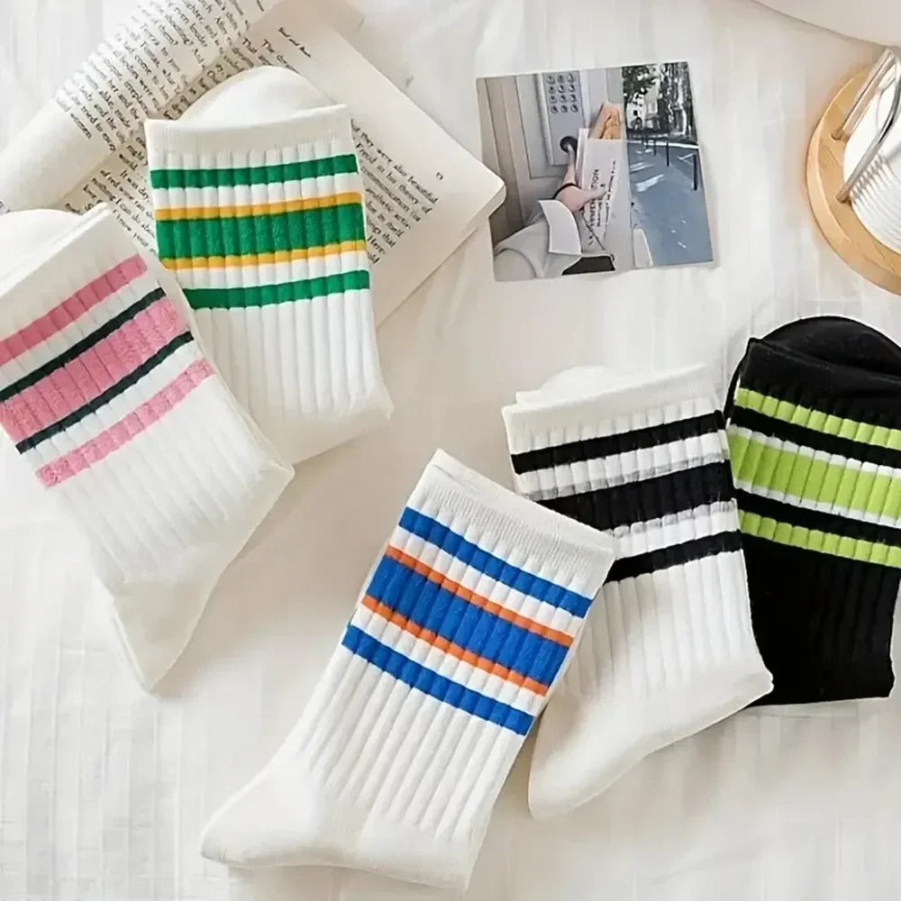 1/5/6/10/20 Pairs Women Mid Tube Socks Fashion Breathable Sports Sock  Parallel Bar Pattern Sweat Wicking Non Pilling Girl Sock