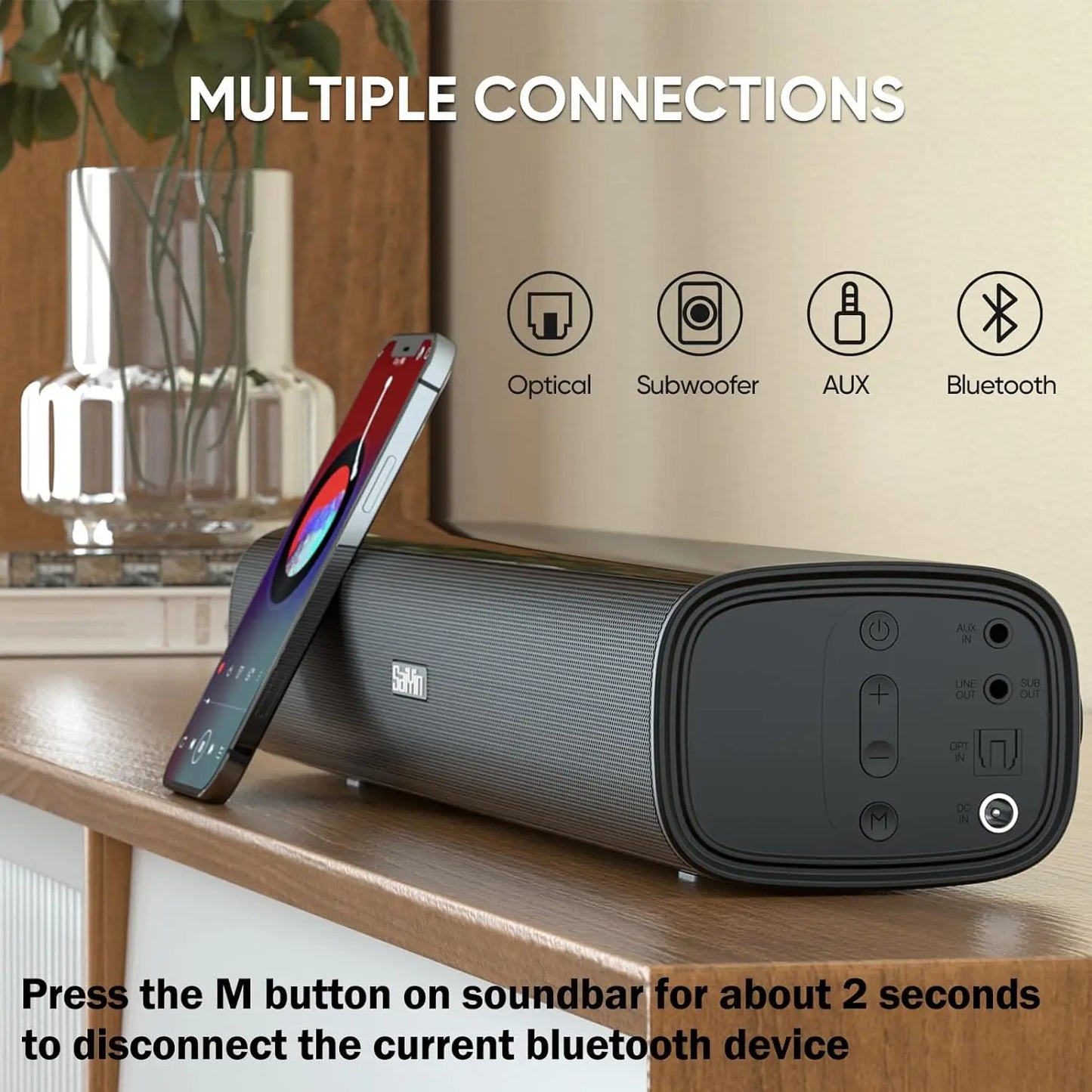 Saiyin Sound Bars for Tv, 40 Watt Small Tv Sound Bars, Surround Sound System Tv Sound Bors, with Bluetooth/Fiber Optic/Aux Connection, Suitable for Pc/Game/ Projector, 17inch