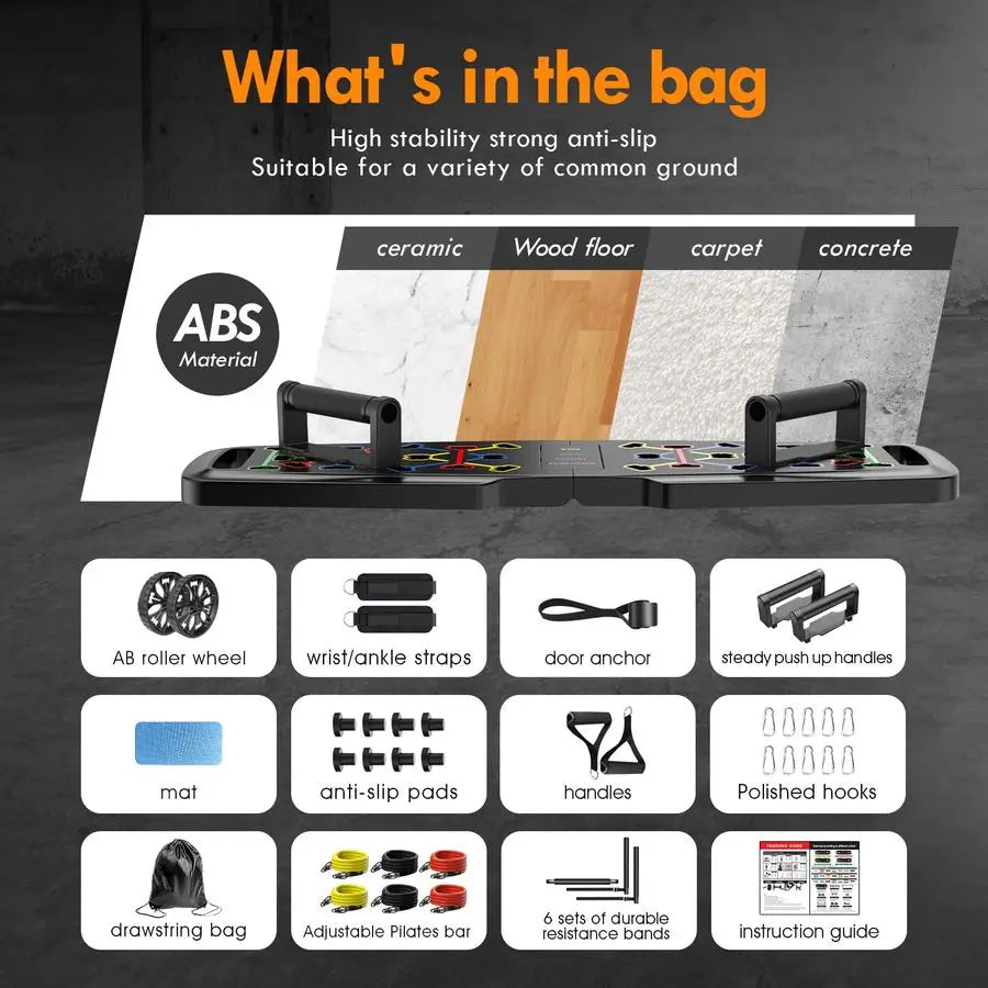 Push Up Board,Home Gym,Portable Exercise Equipment,Pilates Bar and 20 Fitness Accessories with Resistance Bands and Ab Roller Wh