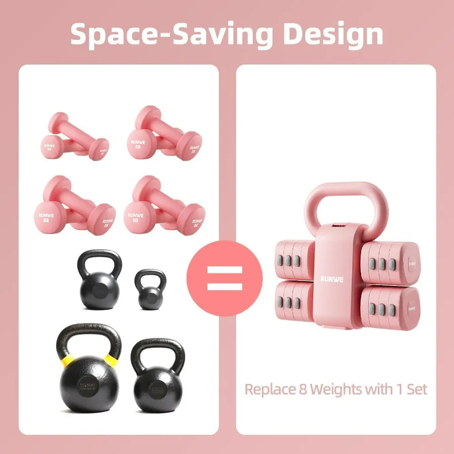 Lightweight Adjustable Dumbbell Kettlebell Set - 4 in 1 Free Weight Set with Kettlebell Grip Converter, Each 2.2 3.3 4.4 5.5lb Q