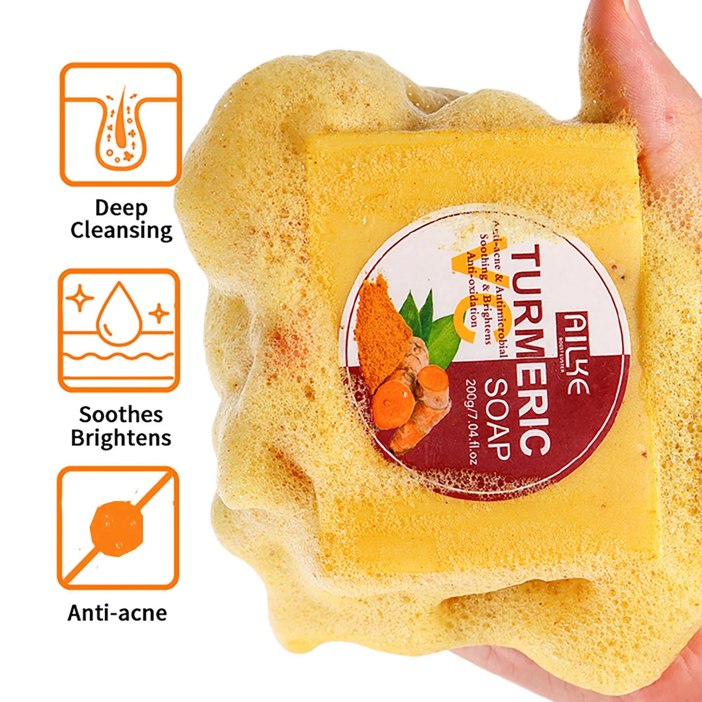 AILKE Natural Turmeric Soap for Face & Body & Hands, Lighten, Clean Stains, Brighten Skin Tone, Reduce Various Spots