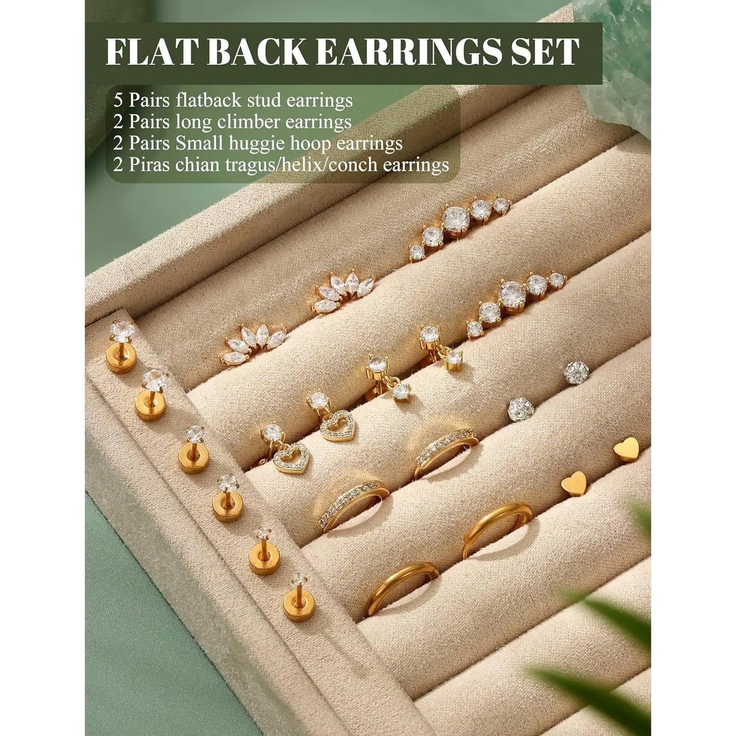 11 Pairs Flat Back Earrings for Women-20G Surgical Stainless Steel Stud Hoop Earring Set Tragus Helix Piercing Jewelry
