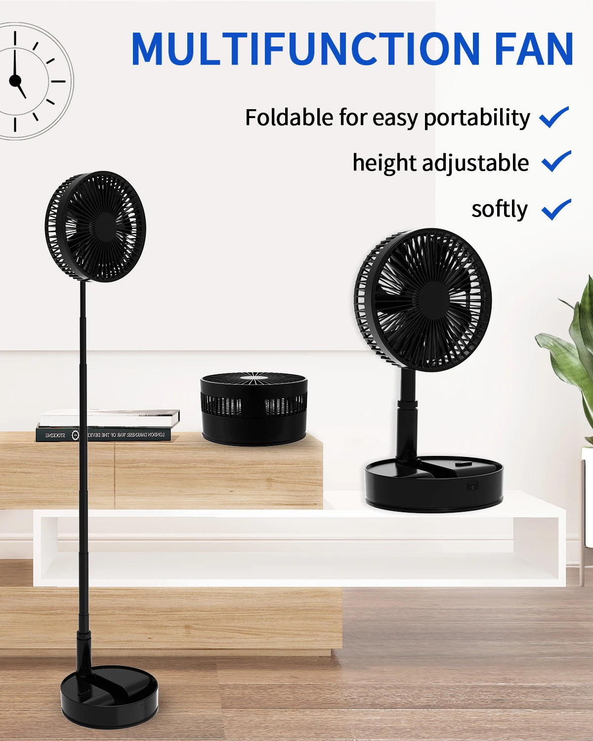 Oscillating Fan Foldaway with Remote Control, Battery Powered  Fan for Camping, 4 Speed, Timer, Height Adjustment Portable Table