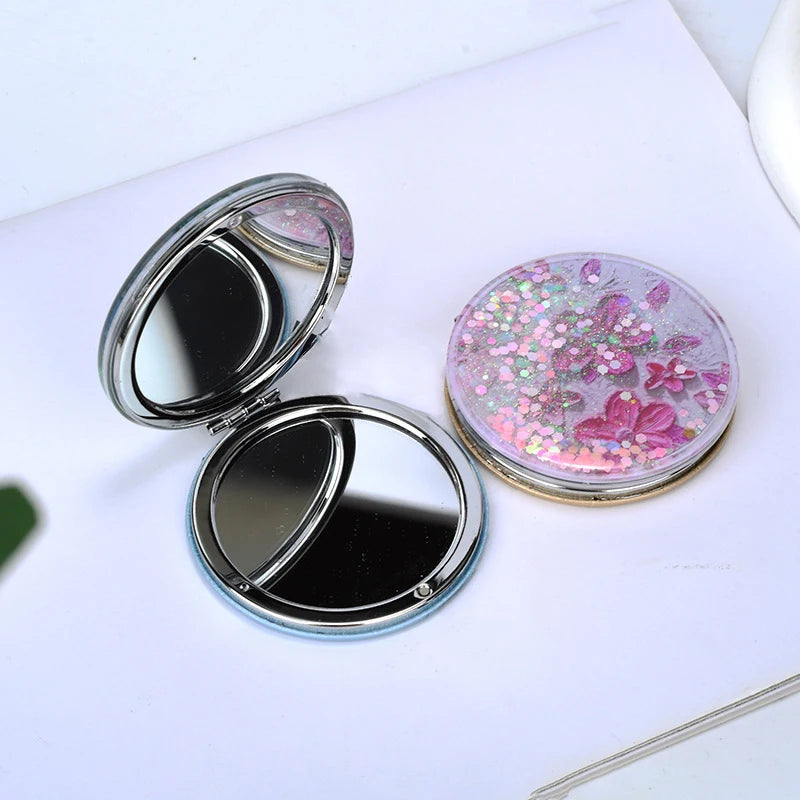 Mini Pocket Makeup Mirror Creative Cosmetic Compact Mirrors with Flowing Sand Foldable Student Compact Cute Pocket Mirror ﻿