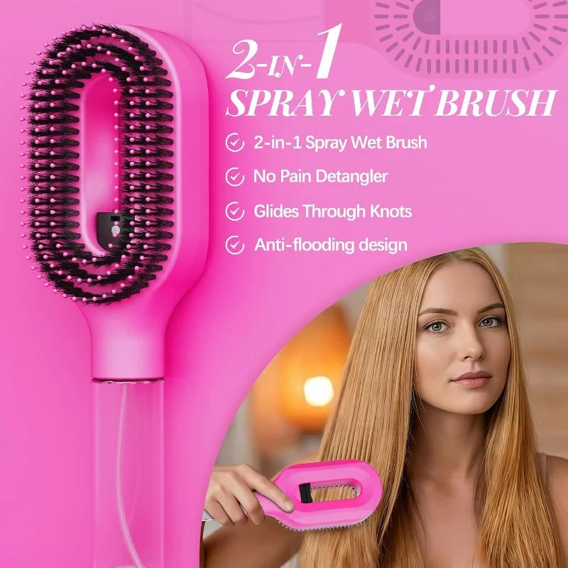 2 in 1 Spray Hair Brush, Detangling Anti-Static Hair Comb with Refillable Spray Bottle, Water Mist Essential Oil Spraying Scalp Massage Brush for Hair Styling, Frizz Control Summer Hair Care Brush