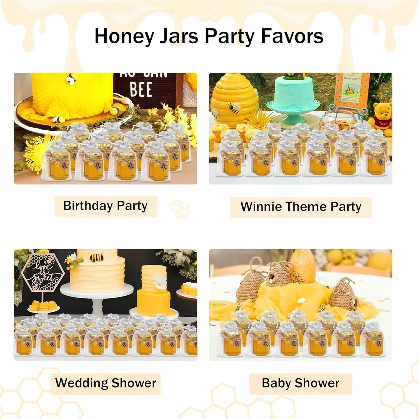 70 Pack 3 oz Hexagon Glass Honey Jars with Dippers, Lids, Stickers, Charms, Bags for Party Favors