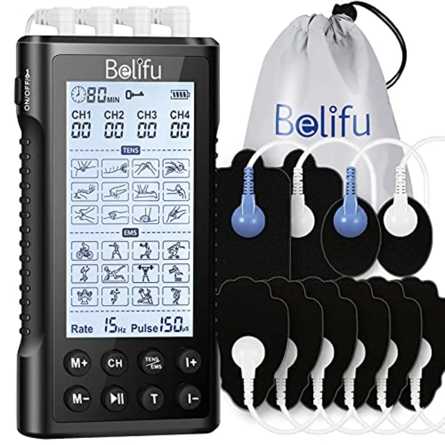 4 Independent Channel TENS EMS Unit 24 Modes 30 Level Intensity Muscle Stimulator Machine Rechargeable Electric Pulse Massager