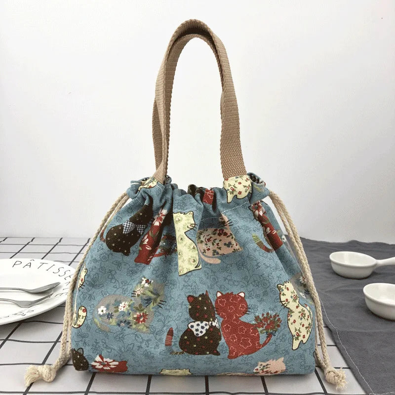 Cute Bento Bag Tote Canvas Lunch Bags Cartoon Anime Drawstring Bag Foldable Holds Two Lunch Boxes