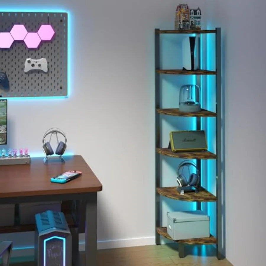 Corner Shelf with LED Lights, 6-Tier Corner Bookshelf, 66'' Organizer Book Shelf Shelves Steel Frame Display Stand with Living