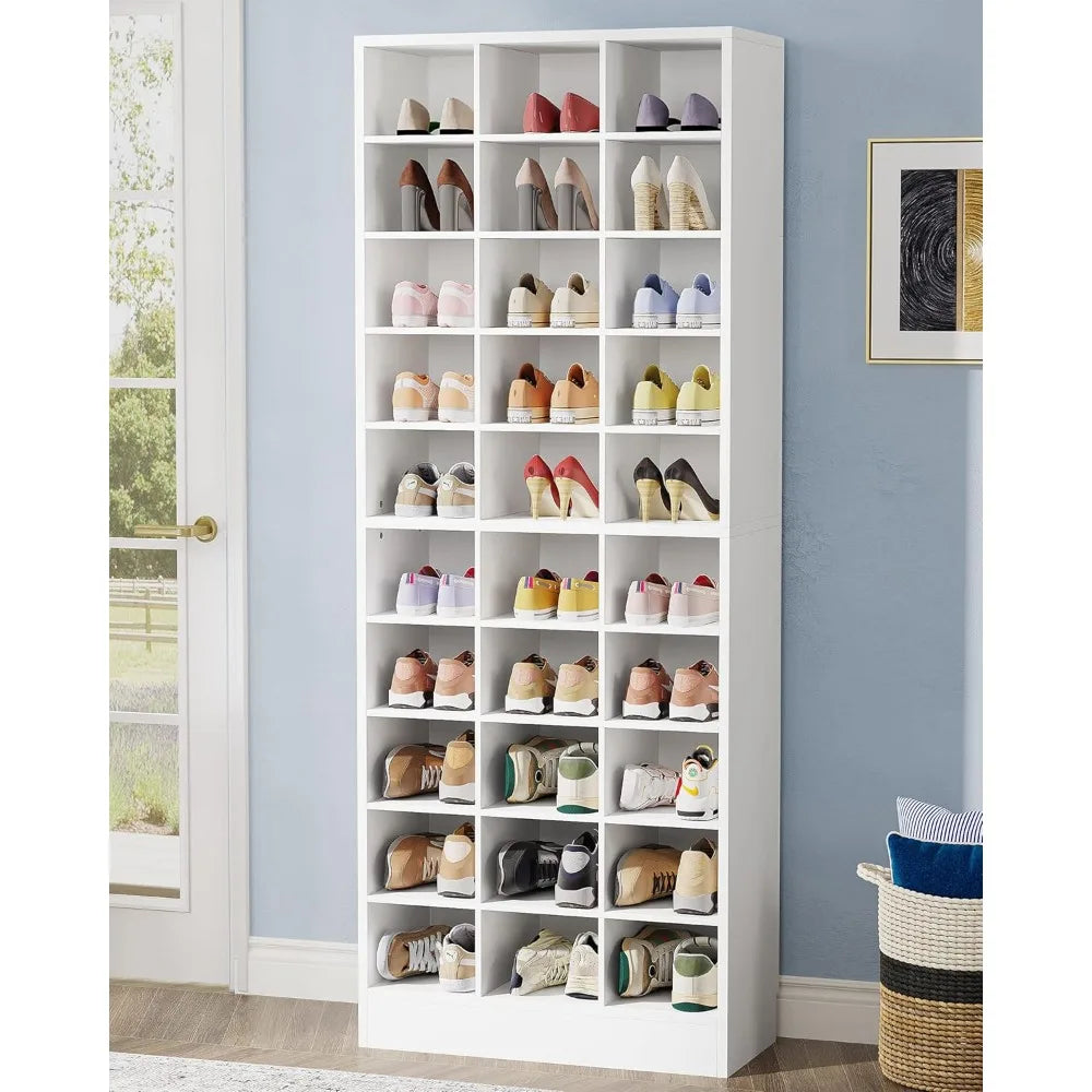 10-Tier Shoe Storage Cabinet, White Wooden Shoe Rack with 30 Cubbies, Freestanding Tall Entryway, Customized
