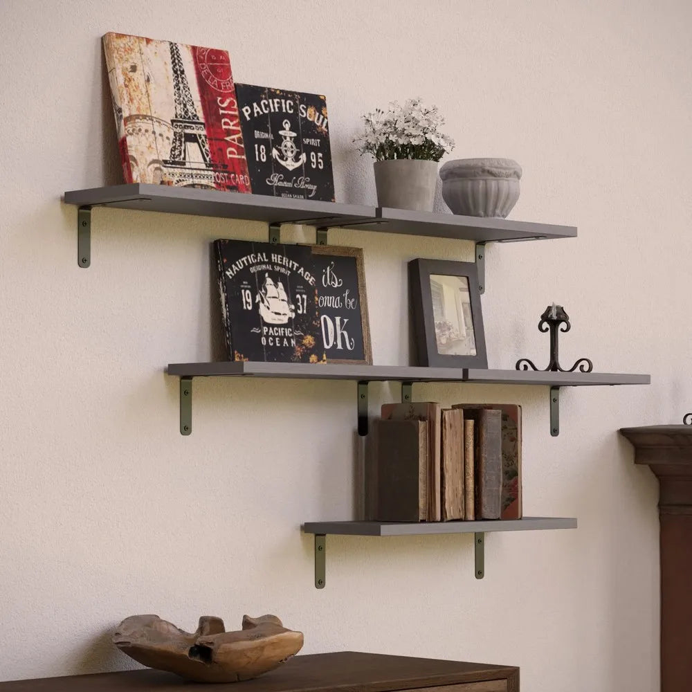 Set of 5 Rustic Floating Wall Shelves, Farmhouse Wooden Wall Mount Storage Shelving with Anti-Fall Metal Guardrail, Decorative Display Organizer for Bathroom, Bedroom, Kitchen, Living Room & Office