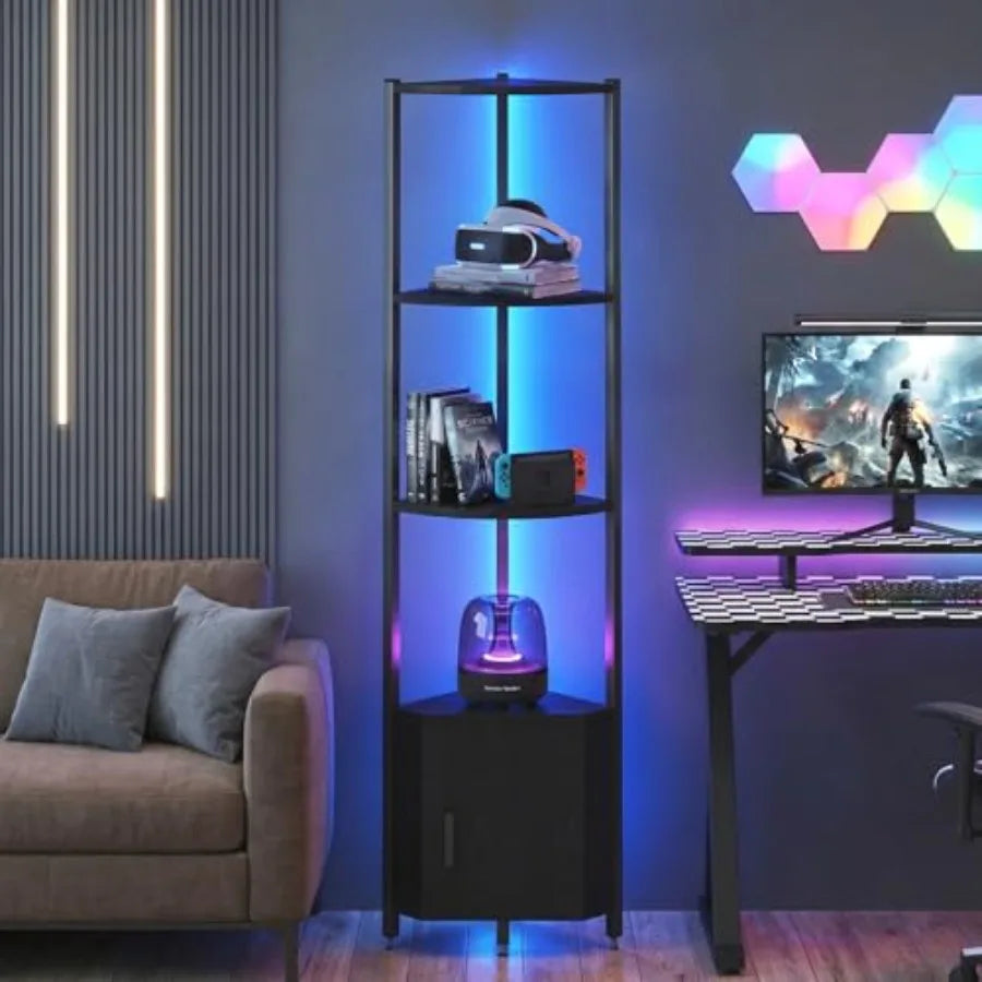 Corner Shelf with LED Lights, 6-Tier Corner Bookshelf, 66'' Organizer Book Shelf Shelves Steel Frame Display Stand with Living