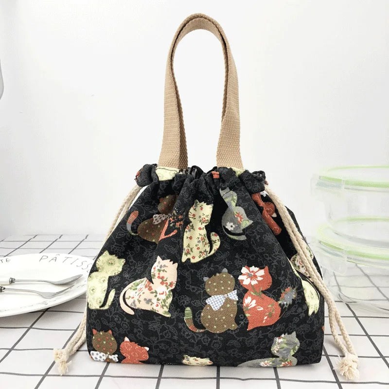 Cute Bento Bag Tote Canvas Lunch Bags Cartoon Anime Drawstring Bag Foldable Holds Two Lunch Boxes