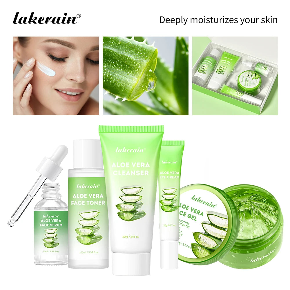 Lakerain Aloe Vera Skin Care Set Deep Hydration Smooth Delicate Skin Fast-absorbing Formula Cleanser Toner Serum Lip Blam Kit