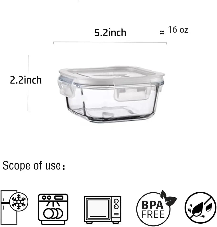 16-Piece Square Glass Food Storage Containers with Lids, BPA-Free, Dishwasher and Freezer Safe