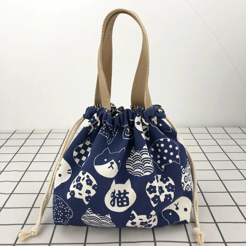 Cute Bento Bag Tote Canvas Lunch Bags Cartoon Anime Drawstring Bag Foldable Holds Two Lunch Boxes