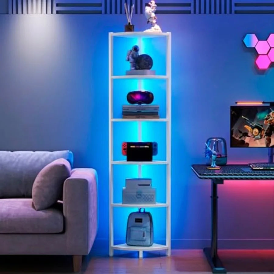 Corner Shelf with LED Lights, 6-Tier Corner Bookshelf, 66'' Organizer Book Shelf Shelves Steel Frame Display Stand with Living