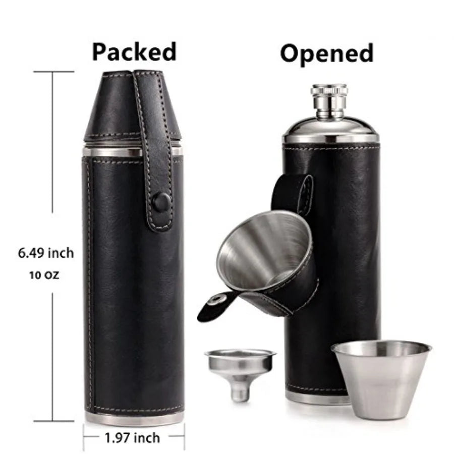 10oz Black Leather Whiskey Hip Flask Stainless Steel Leakproof Liquor Flask Set with Funnel and 2 Shot Cups Portable for Men Wo