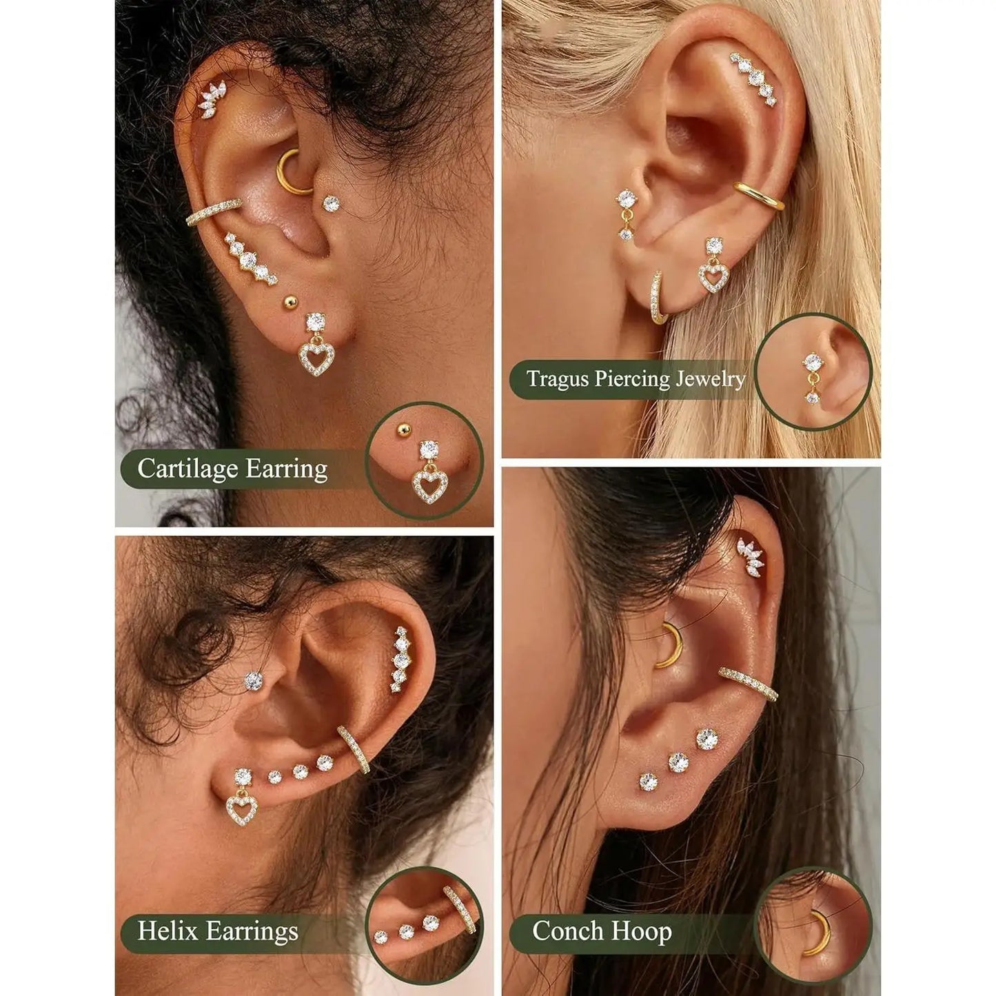 11 Pairs Flat Back Earrings for Women-20G Surgical Stainless Steel Stud Hoop Earring Set Tragus Helix Piercing Jewelry
