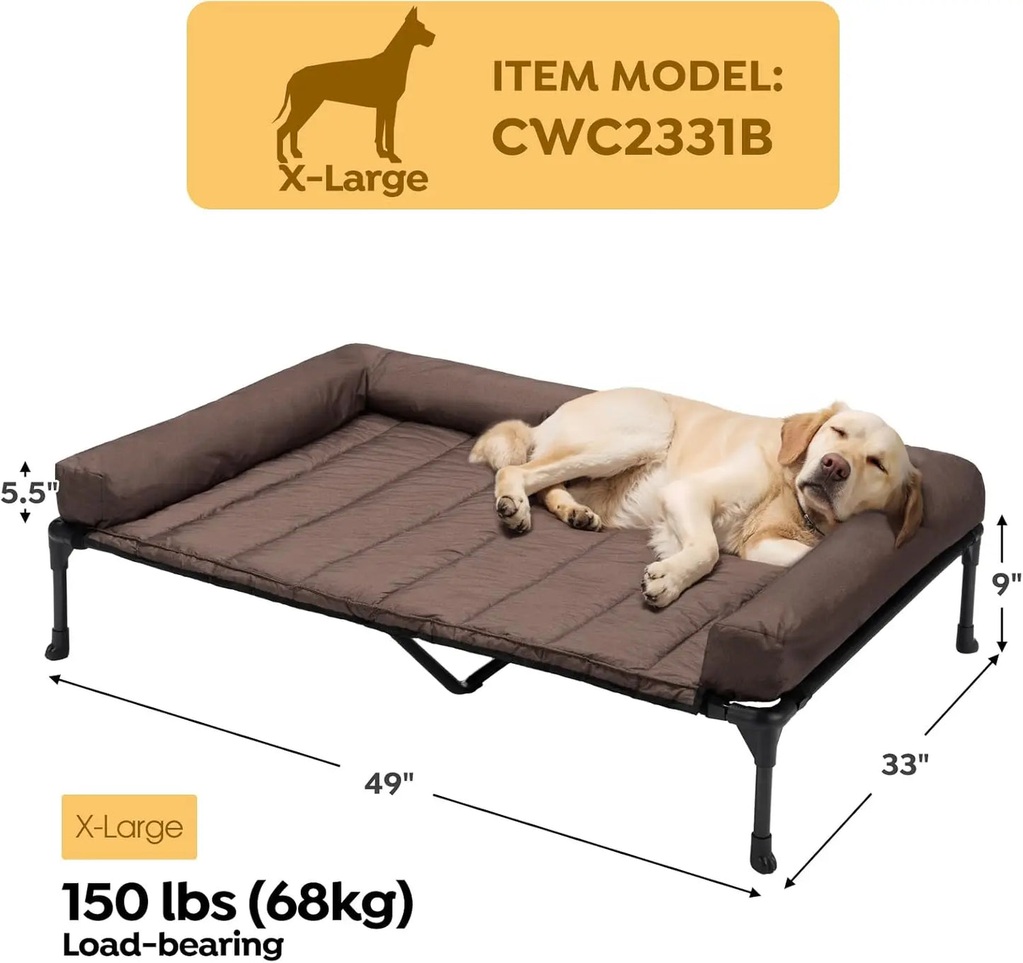 Elevated Cooling Dog Bed with Removable Waterproof Cushion, Breathable Mesh Cot for Indoor Outdoor Use, XLarge Brown