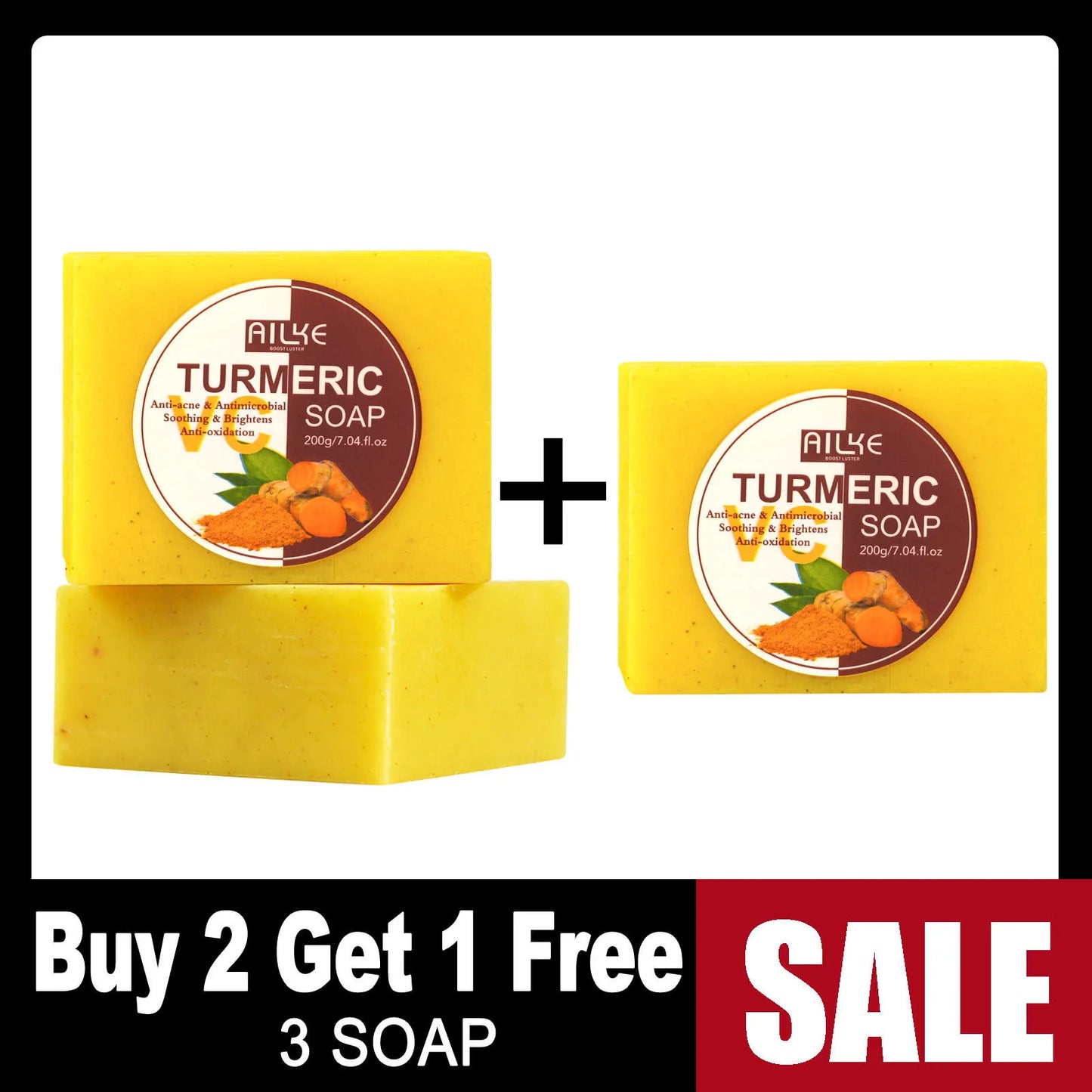 AILKE Natural Turmeric Soap for Face & Body & Hands, Lighten, Clean Stains, Brighten Skin Tone, Reduce Various Spots