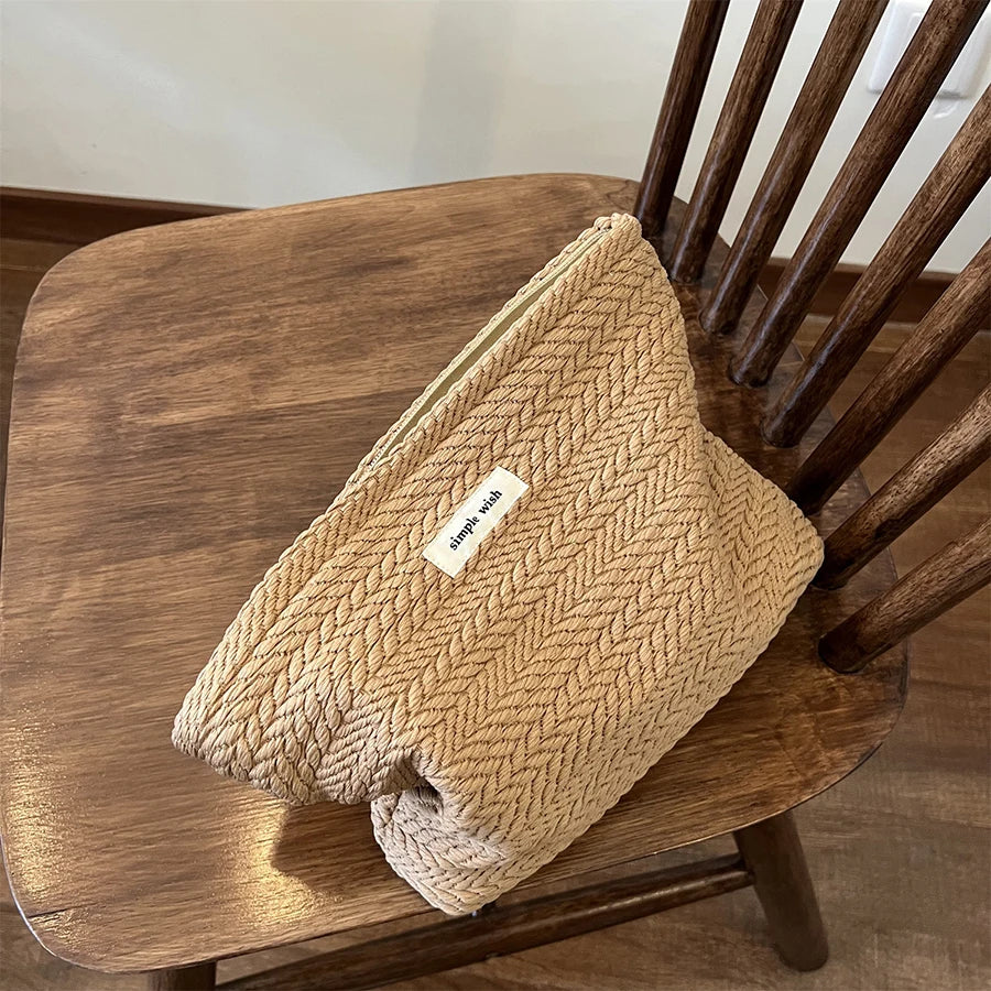 Rice Grain Pattern Woven Fabric Handbag, Women'S Travel Cosmetic Storage Organizer, Makeup Pouch, Toiletry Bag