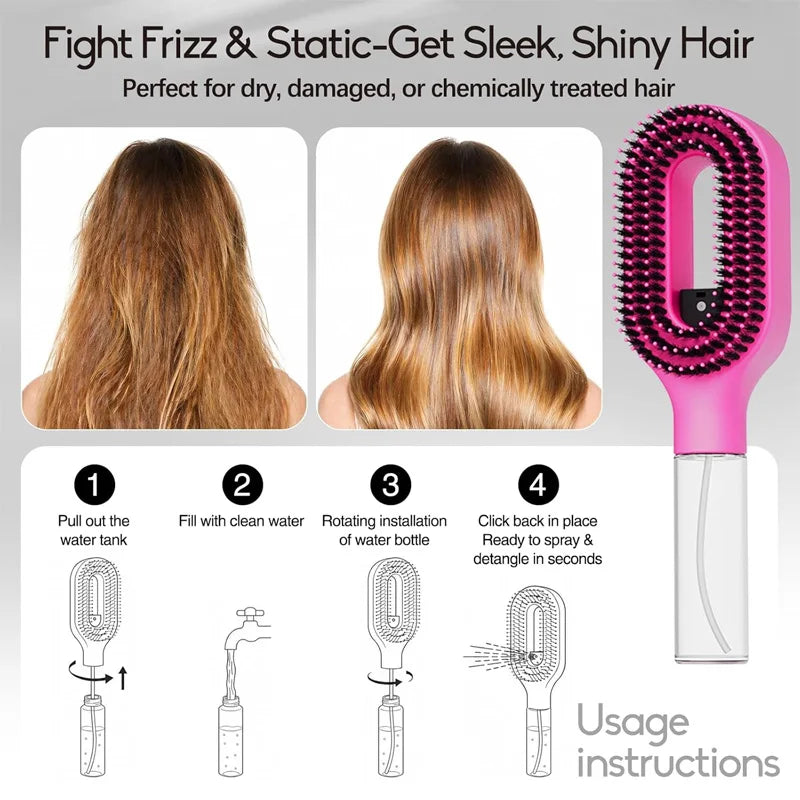 2 in 1 Spray Hair Brush, Detangling Anti-Static Hair Comb with Refillable Spray Bottle, Water Mist Essential Oil Spraying Scalp Massage Brush for Hair Styling, Frizz Control Summer Hair Care Brush