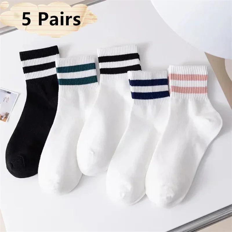 1/5/6/10/20 Pairs Women Mid Tube Socks Fashion Breathable Sports Sock  Parallel Bar Pattern Sweat Wicking Non Pilling Girl Sock
