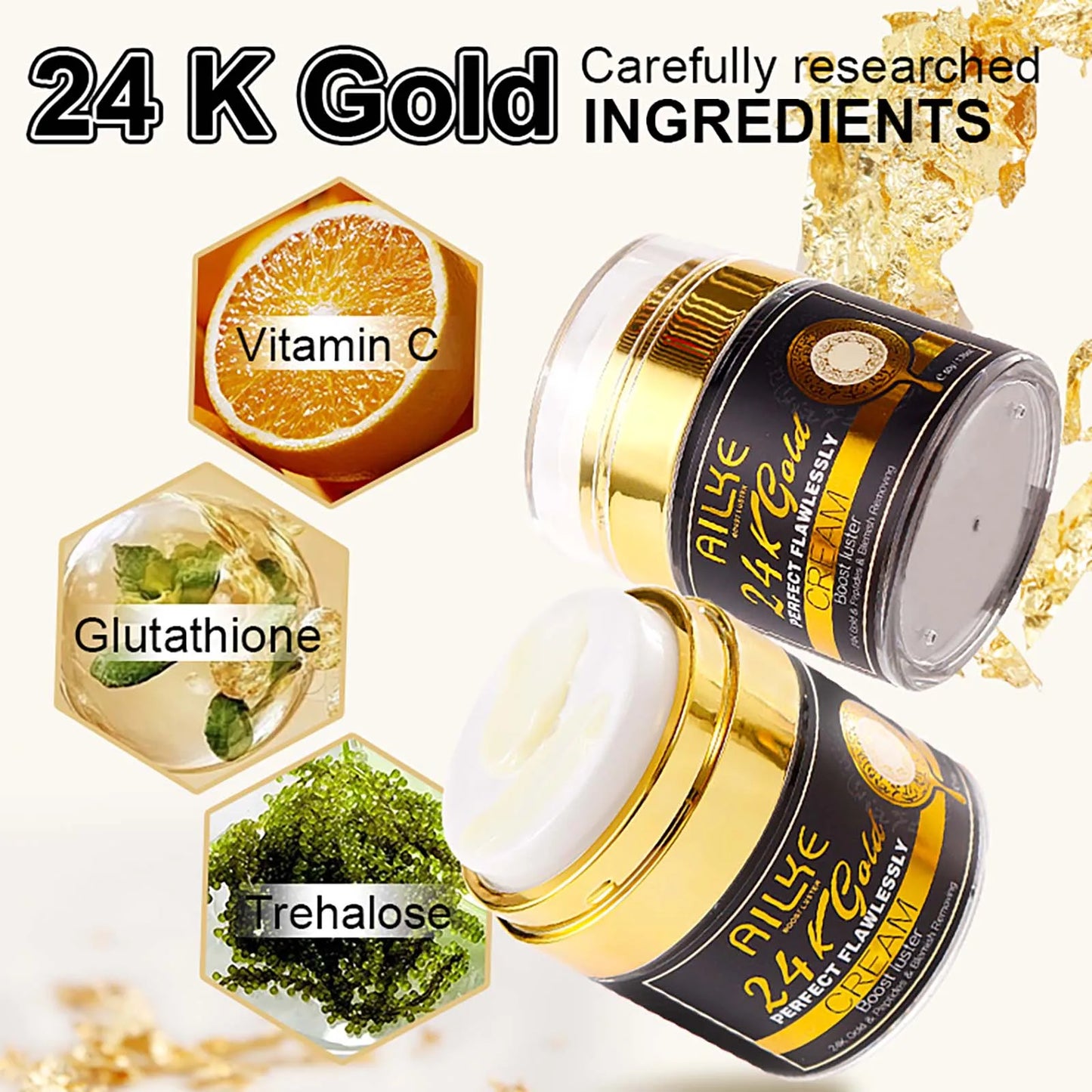 AILKE 24k Gold Perfect Flawlessly Face Cream, Whitening, Reduce Spots, Melanin, Improve Dull Skin, With Glutathione Vitamin C